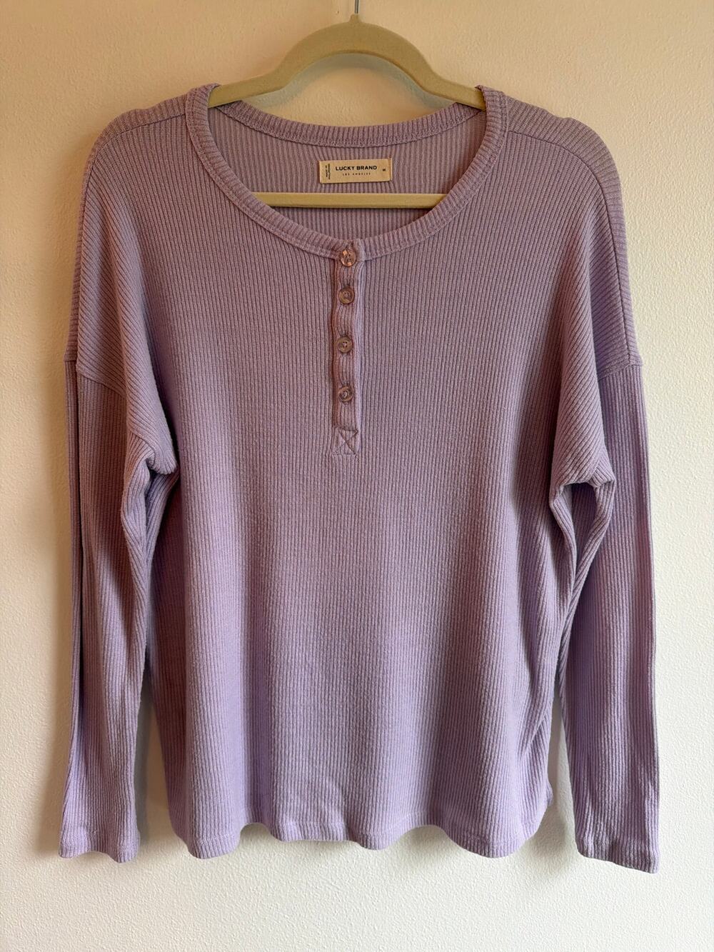 Lucky Brand Lavender Ribbed Viscose Blend Henley Long Sleeve Top | Size M